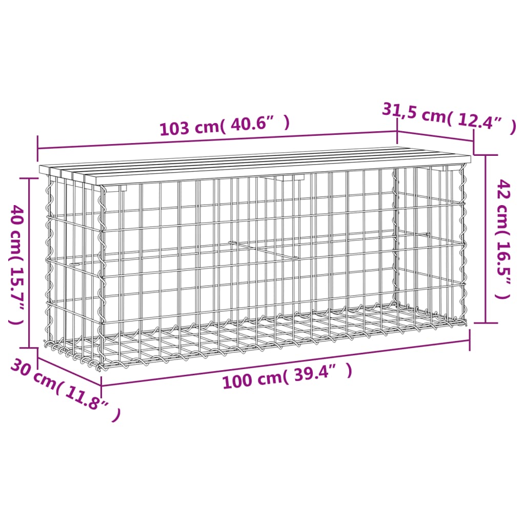 vidaXL Garden Bench Gabion Design 103x31,5x42 cm Solid Wood Pine