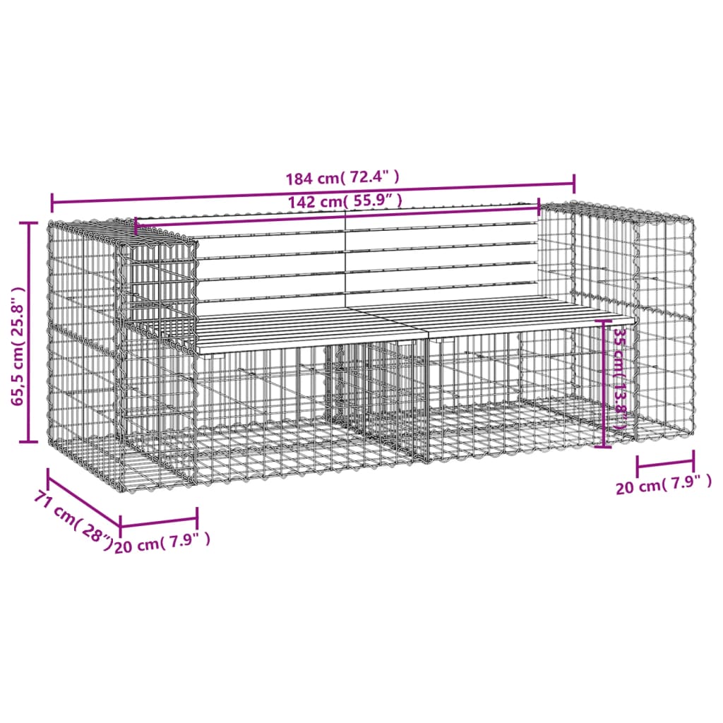 vidaXL Garden Bench Gabion Design 184x71x65.5 cm Solid Wood Pine