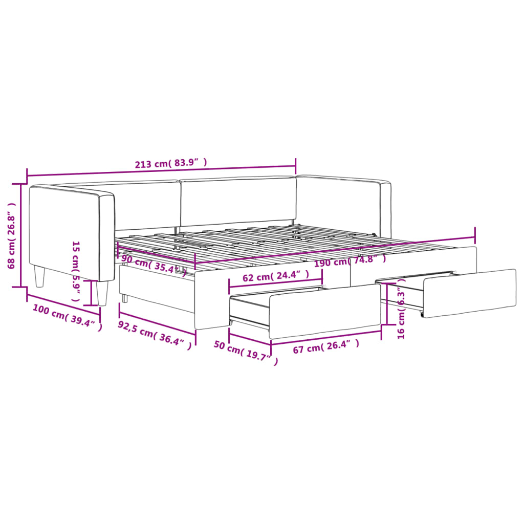 vidaXL Daybed with Trundle&Drawers without Mattress Light Grey 90x190 cm Single
