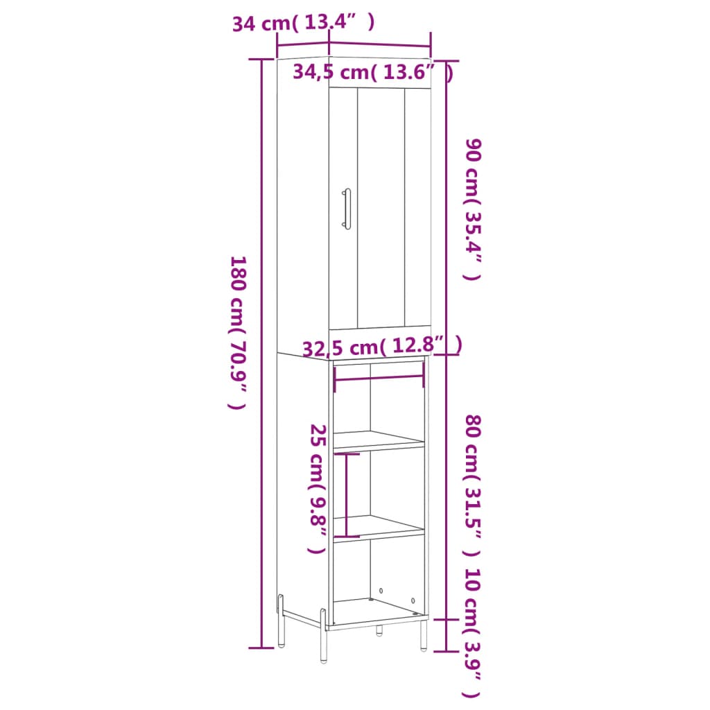 vidaXL Highboard Grey Sonoma 34,5x34x180 cm Engineered Wood
