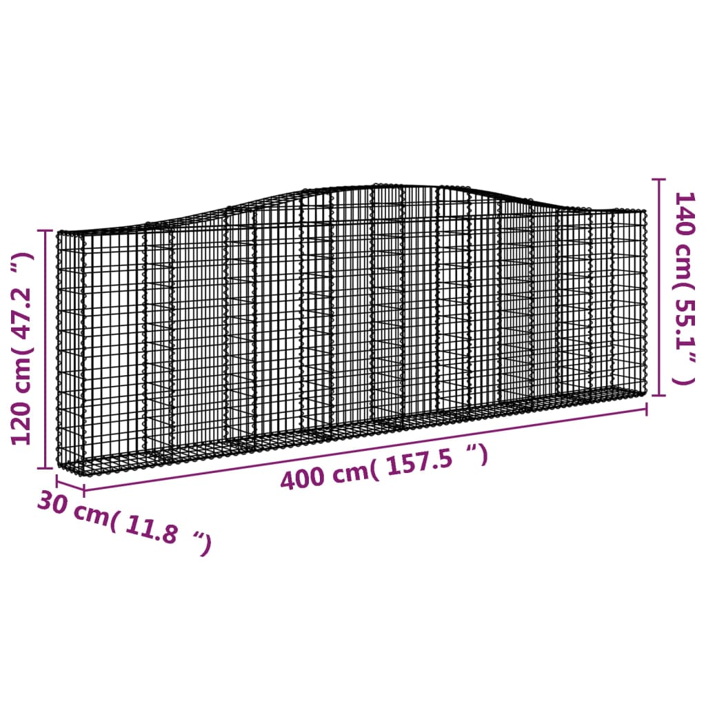 vidaXL Arched Gabion Baskets 2 pcs 400x30x120/140 cm Galvanised Iron
