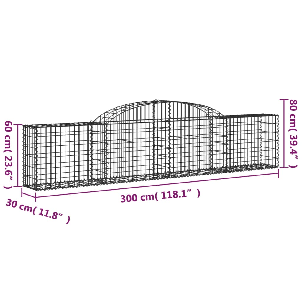 vidaXL Arched Gabion Baskets 25 pcs 300x30x60/80 cm Galvanised Iron