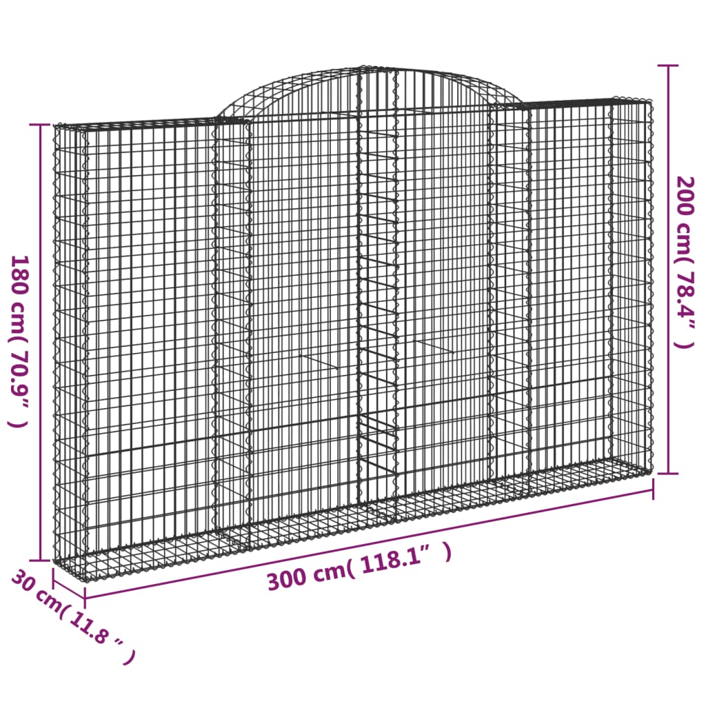 vidaXL Arched Gabion Baskets 2 pcs 300x30x180/200 cm Galvanised Iron