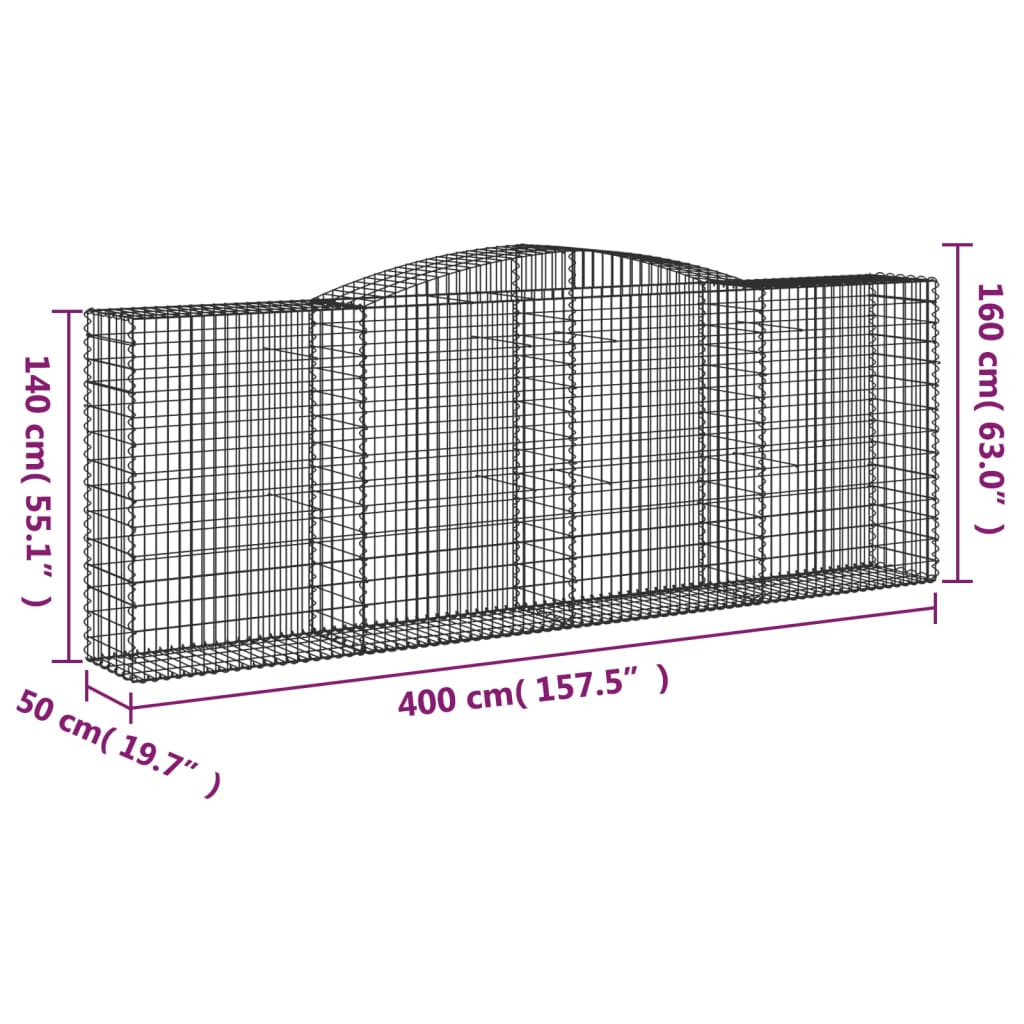 vidaXL Arched Gabion Baskets 4 pcs 400x50x140/160 cm Galvanised Iron