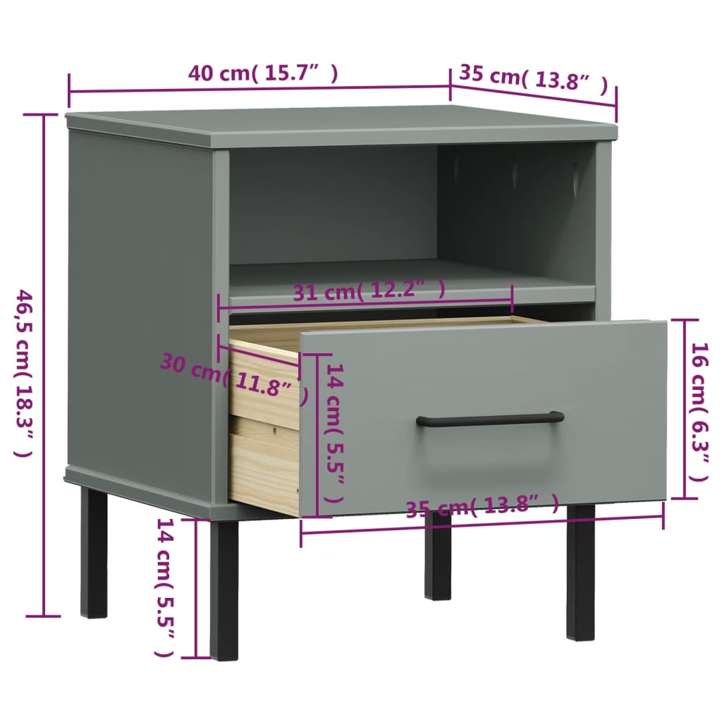 vidaXL Bedside Cabinet with Metal Legs Grey Solid Wood Pine "OSLO