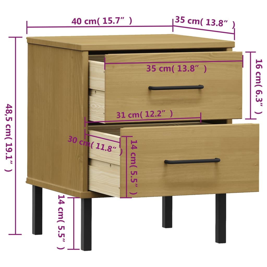 vidaXL Bedside Cabinet with Metal Legs Brown Solid Wood Pine "OSLO