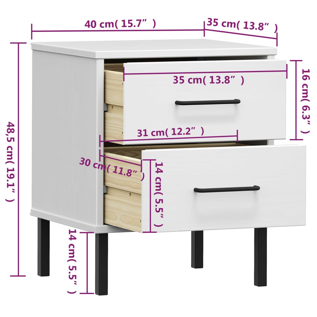 vidaXL Bedside Cabinet with Metal Legs White Solid Wood Pine "OSLO
