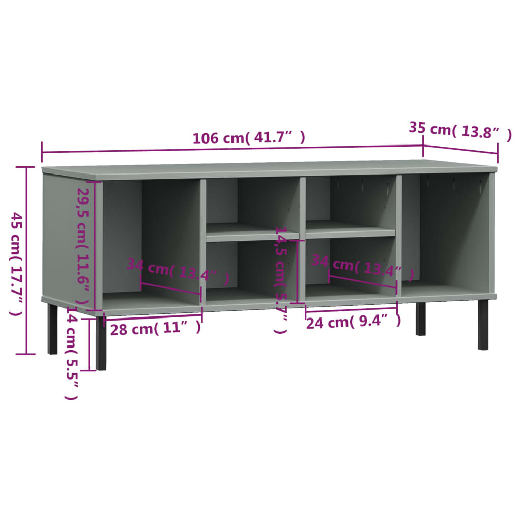 vidaXL Shoe Rack with Metal Legs Grey 106x35x45 cm Solid Wood "OSLO