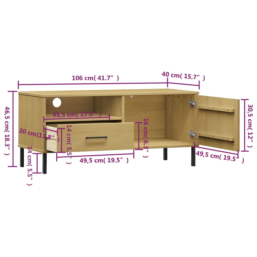 vidaXL TV Cabinet with Metal Legs Brown Solid Wood Pine "OSLO