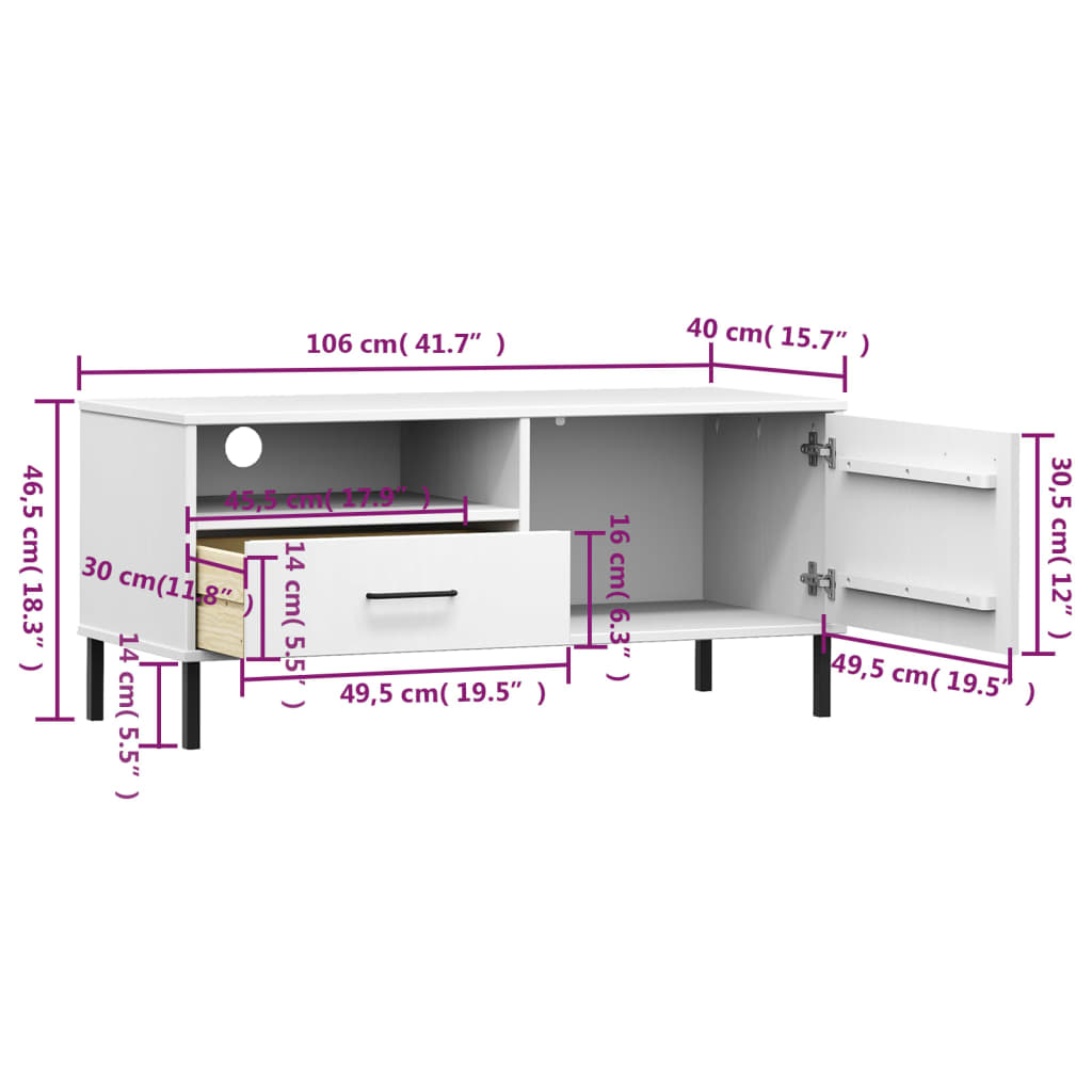 vidaXL TV Cabinet with Metal Legs White Solid Wood Pine "OSLO