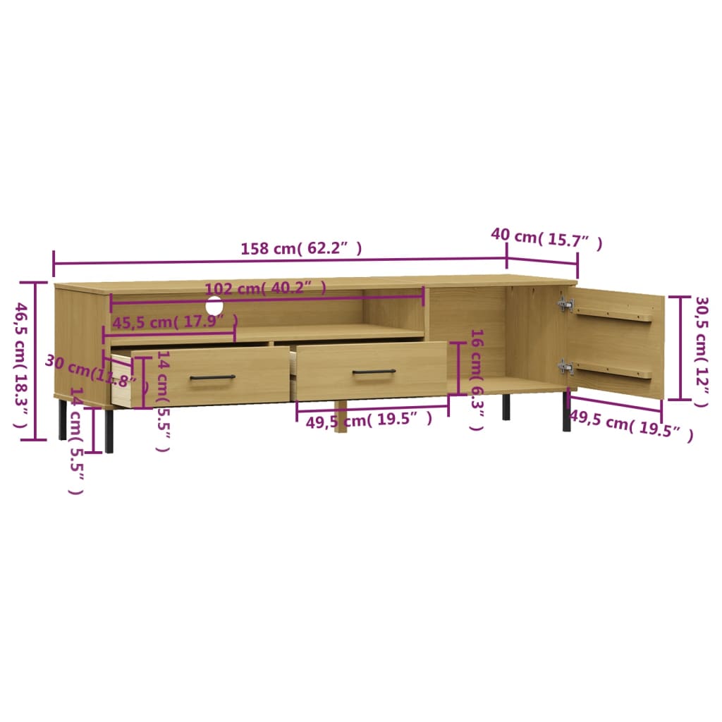 vidaXL TV Cabinet with Metal Legs Brown Solid Wood Pine "OSLO