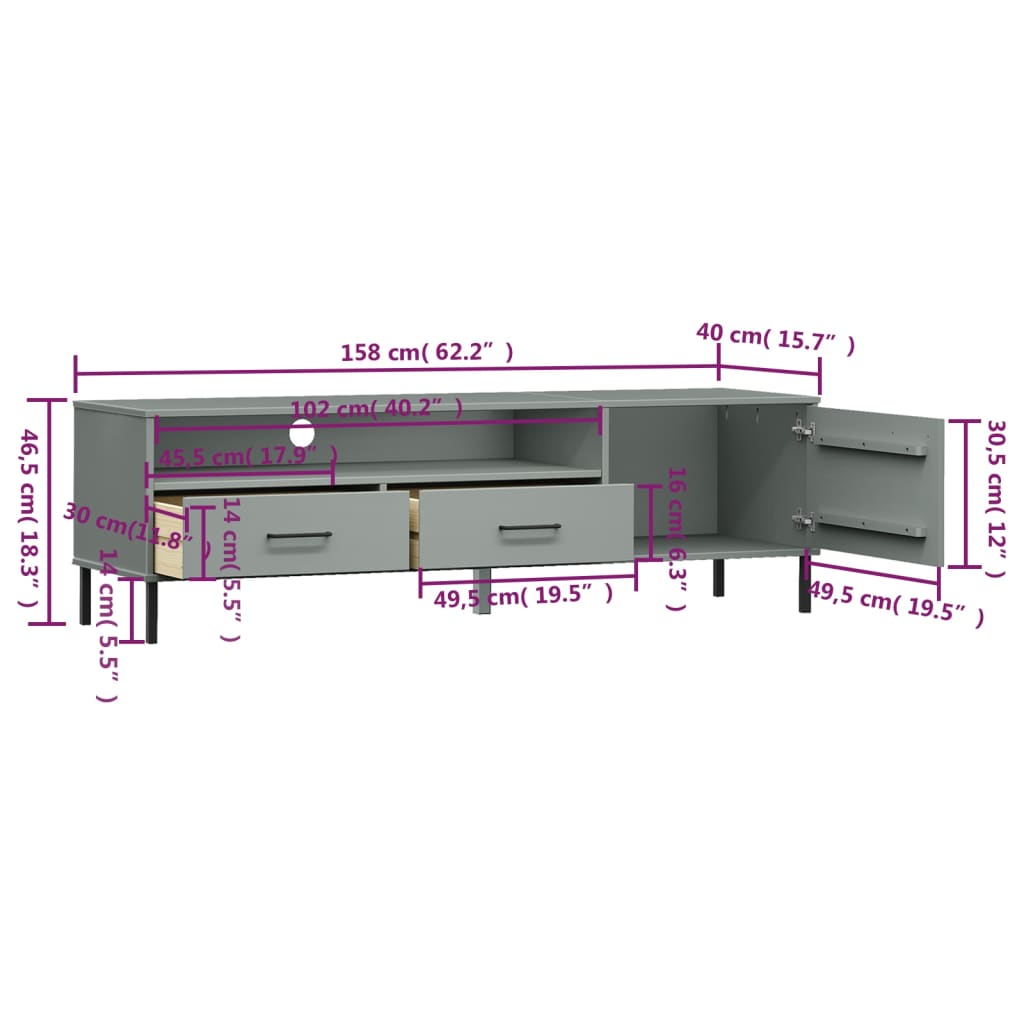 vidaXL TV Cabinet with Metal Legs Grey Solid Wood Pine "OSLO