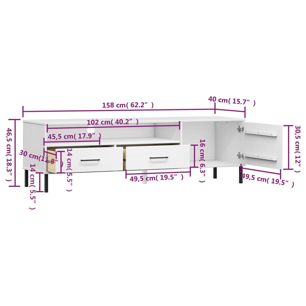 vidaXL TV Cabinet with Metal Legs White Solid Wood Pine "OSLO