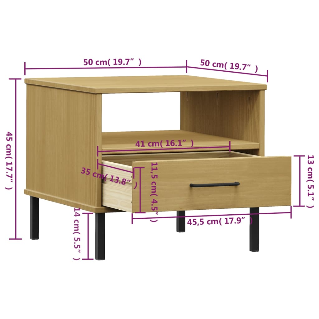 vidaXL Bedside Table with Metal Legs Brown Solid Wood Pine "OSLO
