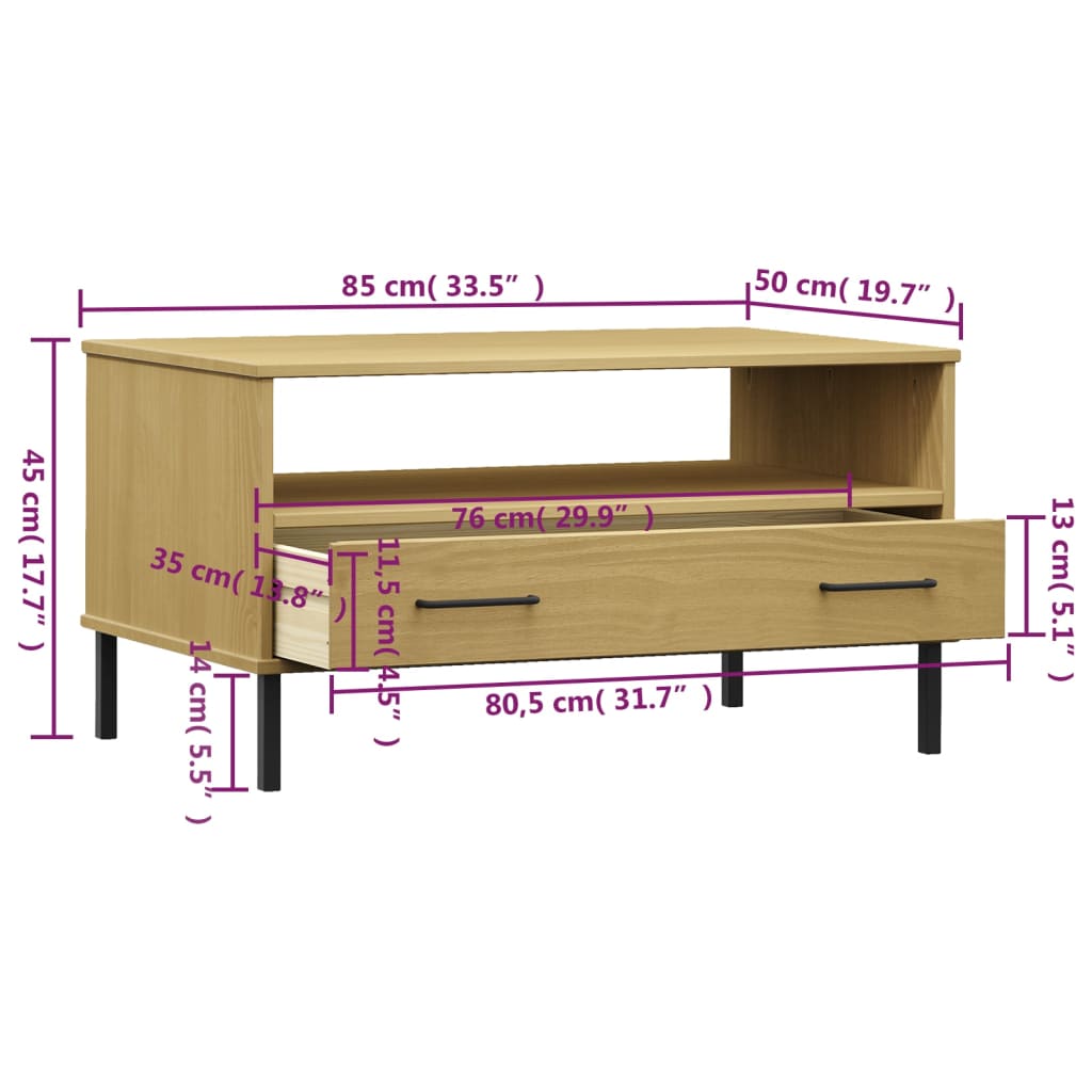 vidaXL Coffee Table with Metal Legs Brown 85x50x45cm Solid Wood "OSLO