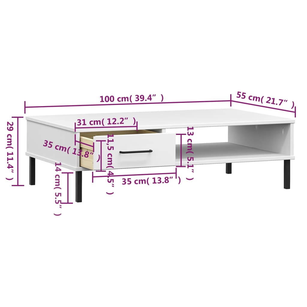 vidaXL Coffee Table with Metal Legs White Solid Wood Pine "OSLO