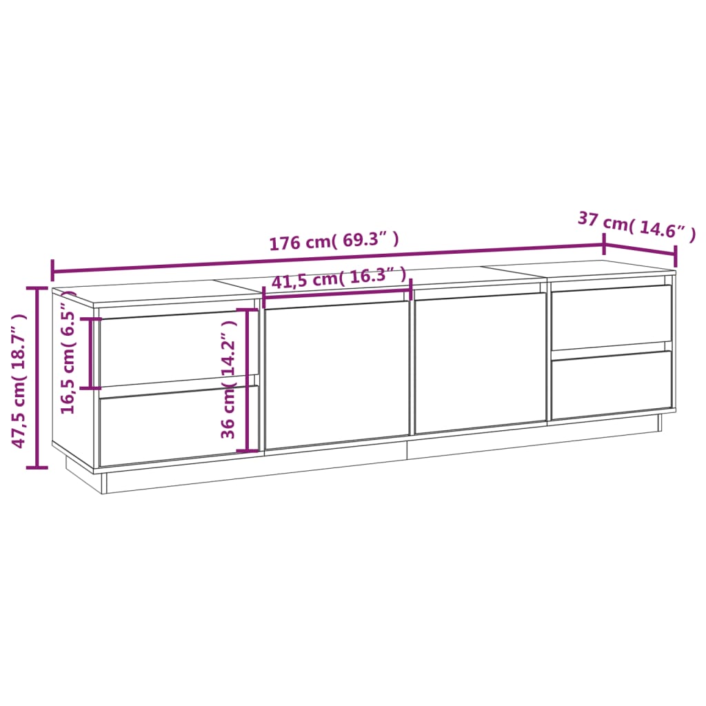 vidaXL TV Cabinet White 176x37x47.5 cm Solid Wood Pine