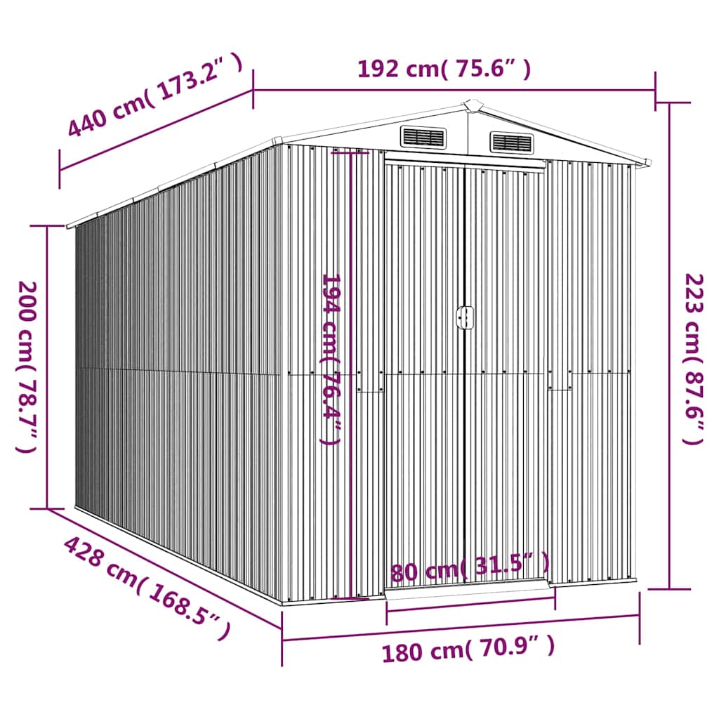 vidaXL Garden Shed Light Grey 192x440x223 cm Galvanised Steel