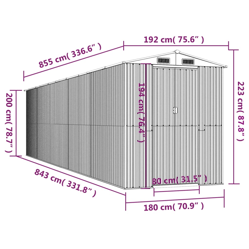 vidaXL Garden Shed Light Grey 192x855x223 cm Galvanised Steel