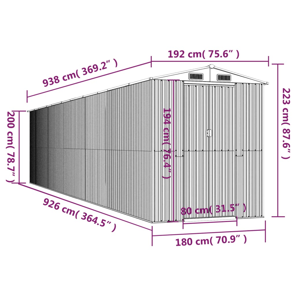 vidaXL Garden Shed Light Grey 192x938x223 cm Galvanised Steel