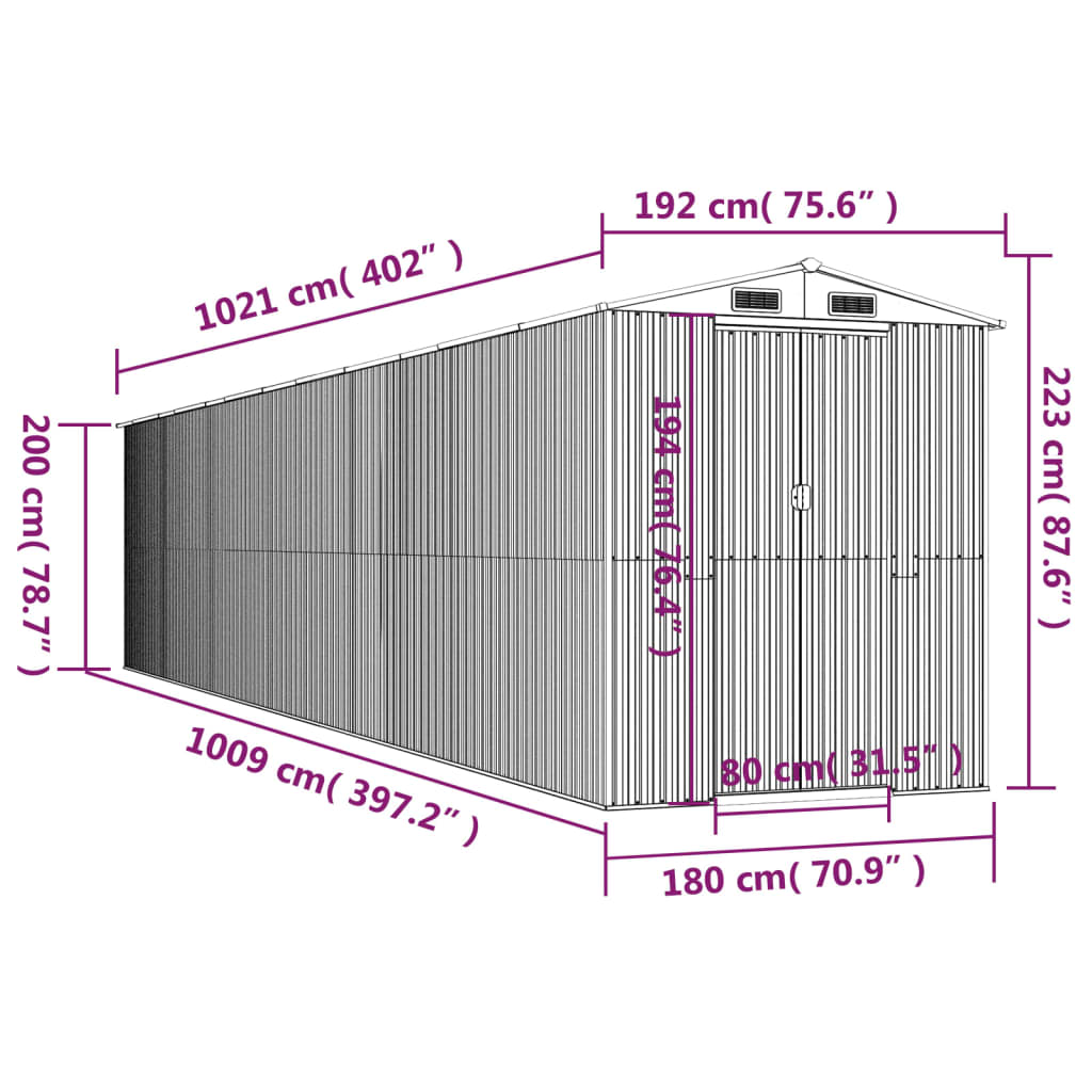 vidaXL Garden Shed Light Grey 192x1021x223 cm Galvanised Steel