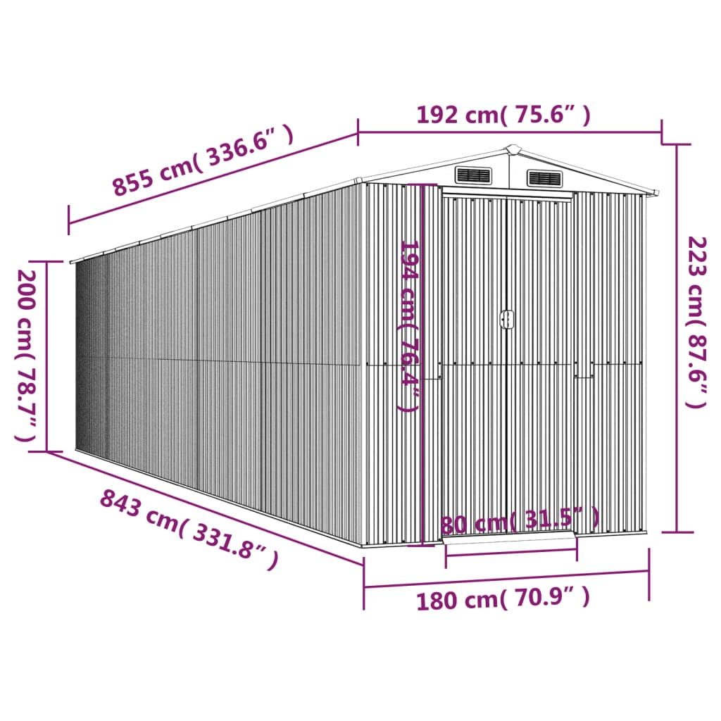 vidaXL Garden Shed Anthracite 192x855x223 cm Galvanised Steel