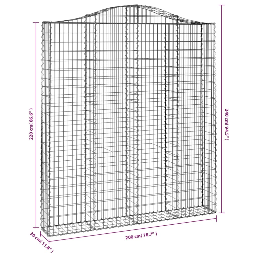 vidaXL Arched Gabion Basket 200x30x220/240 cm Galvanised Iron