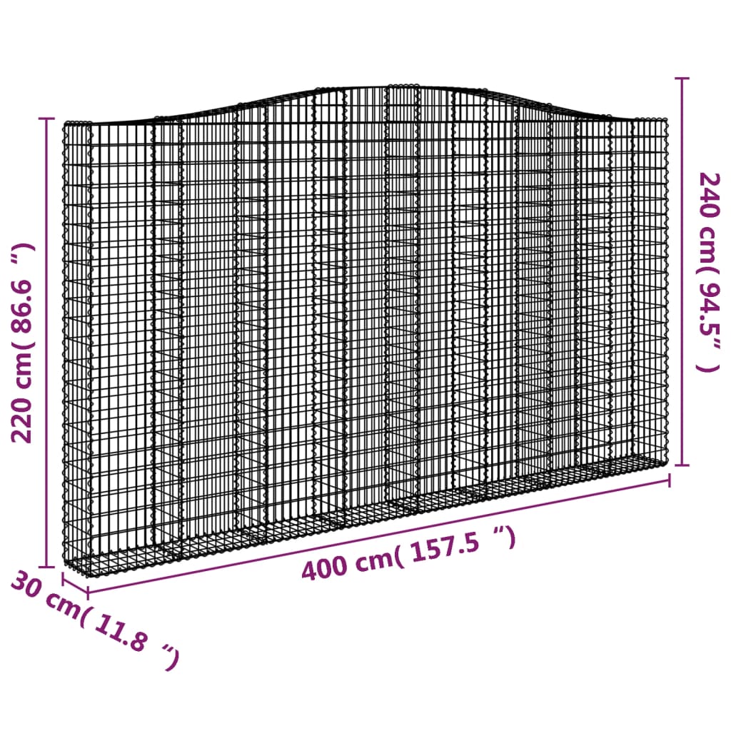vidaXL Arched Gabion Basket 400x30x220/240 cm Galvanised Iron