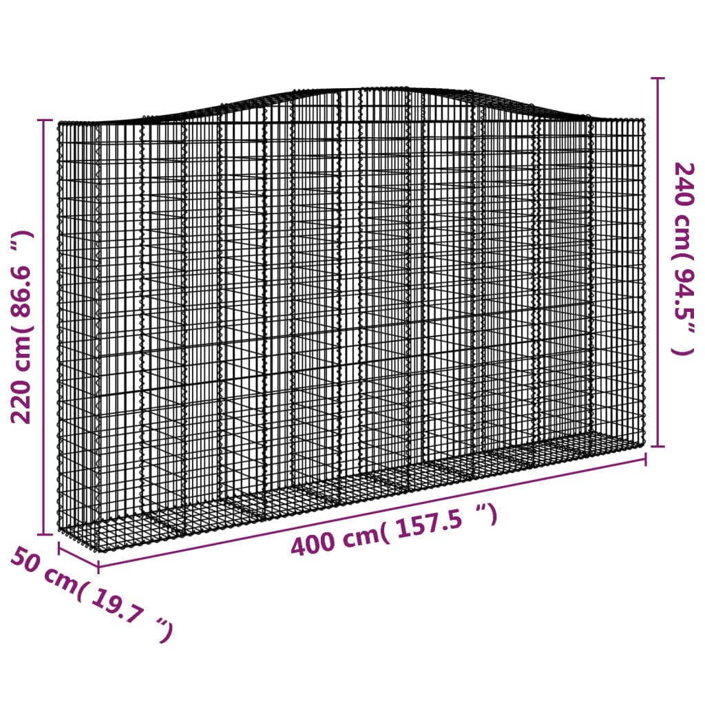 vidaXL Arched Gabion Basket 400x50x220/240 cm Galvanised Iron