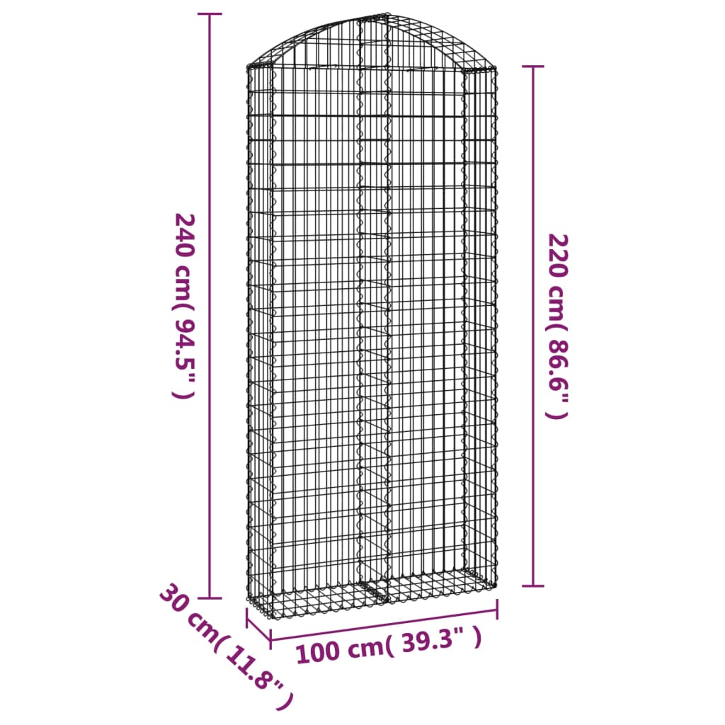 vidaXL Arched Gabion Basket 100x30x220/240 cm Galvanised Iron