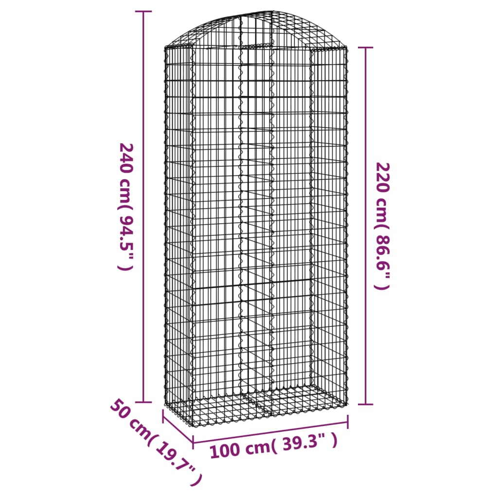 vidaXL Arched Gabion Basket 100x50x220/240 cm Galvanised Iron