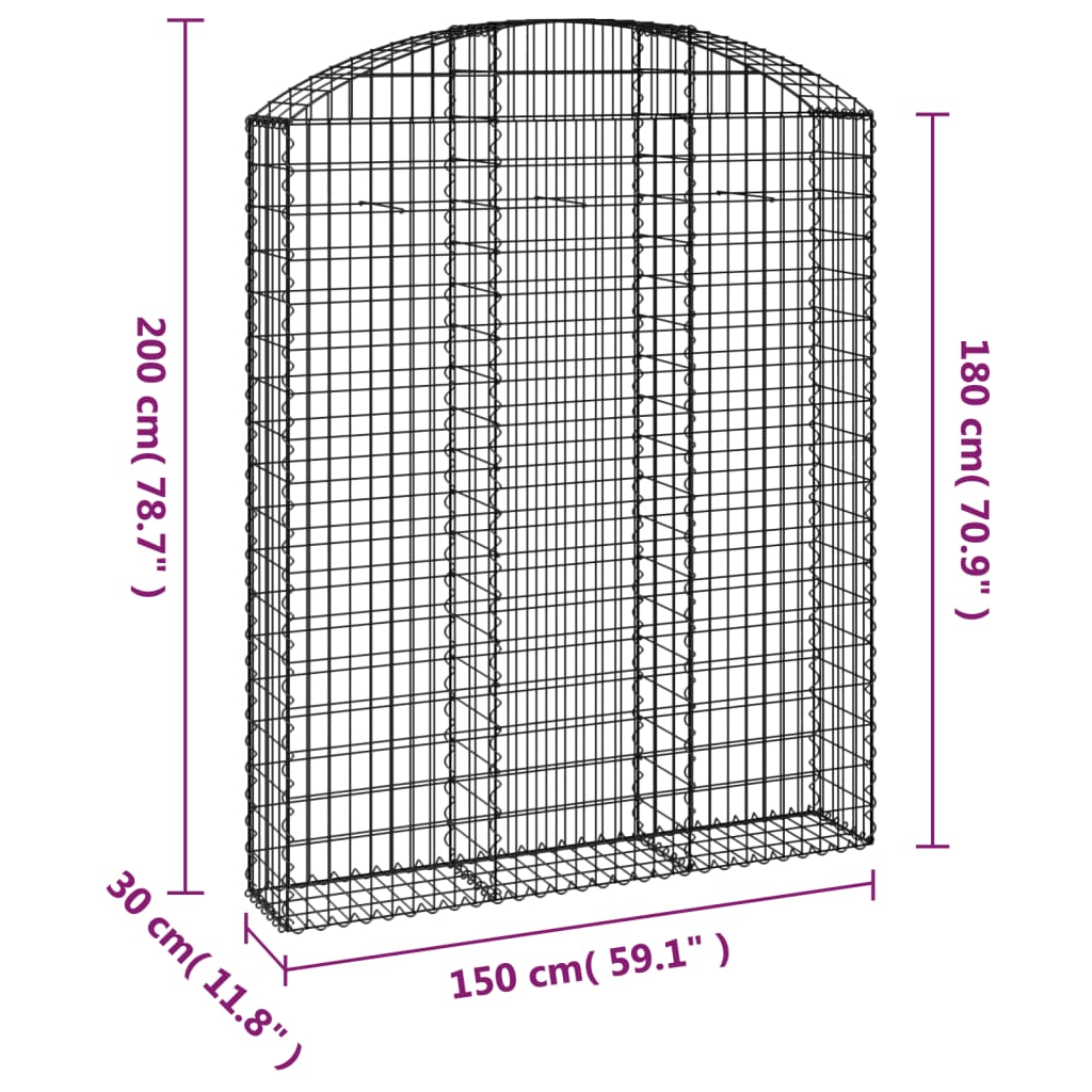vidaXL Arched Gabion Basket 150x30x180/200 cm Galvanised Iron