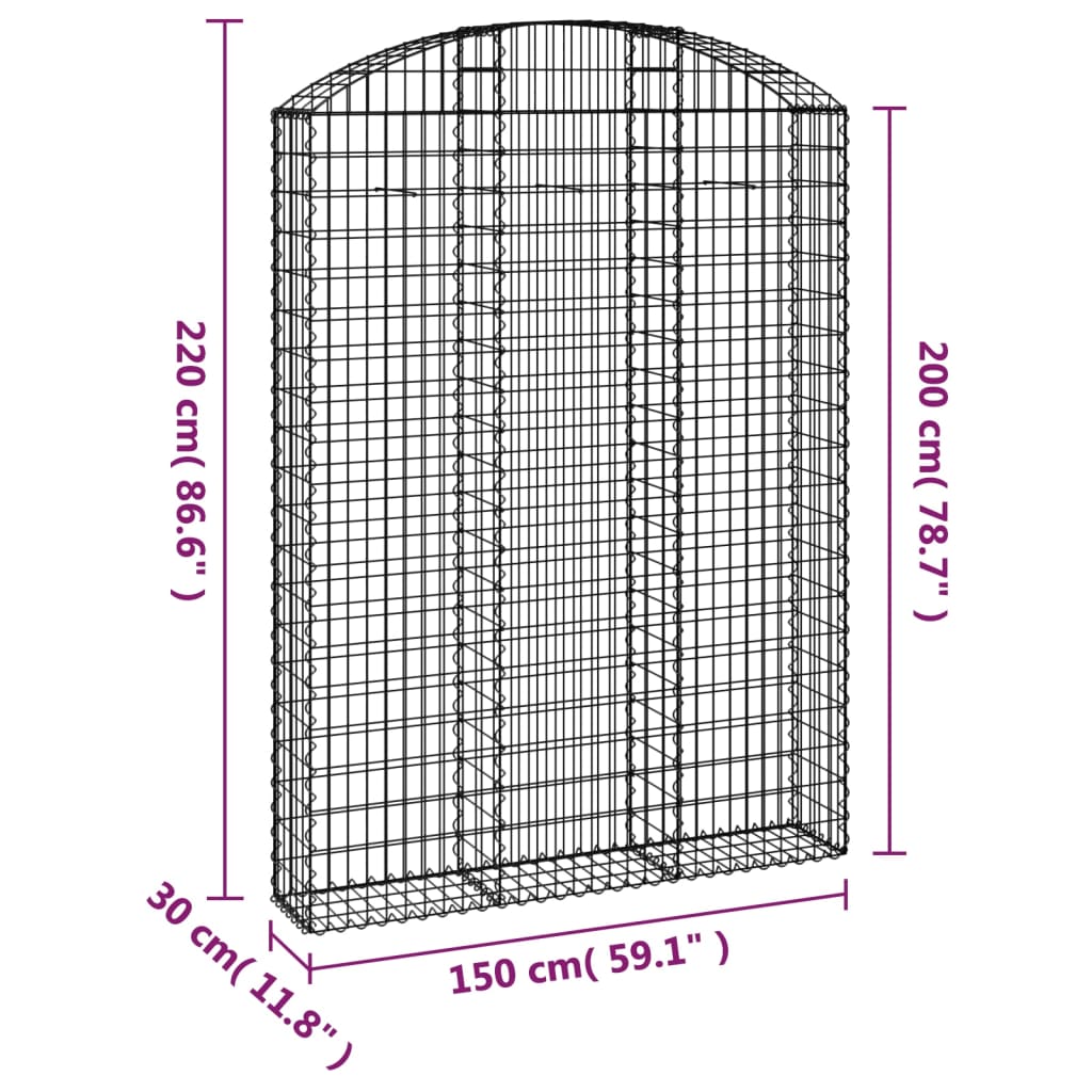 vidaXL Arched Gabion Basket 150x30x200/220 cm Galvanised Iron