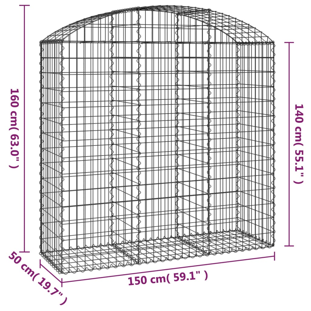 vidaXL Arched Gabion Basket 150x50x140/160 cm Galvanised Iron