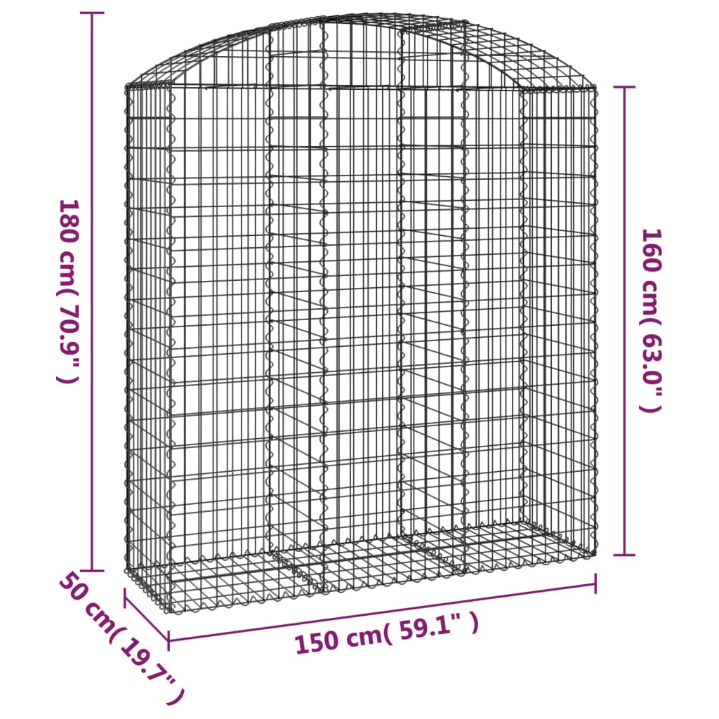 vidaXL Arched Gabion Basket 150x50x160/180 cm Galvanised Iron