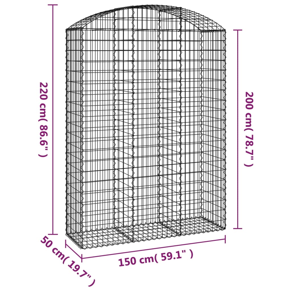 vidaXL Arched Gabion Basket 150x50x200/220 cm Galvanised Iron
