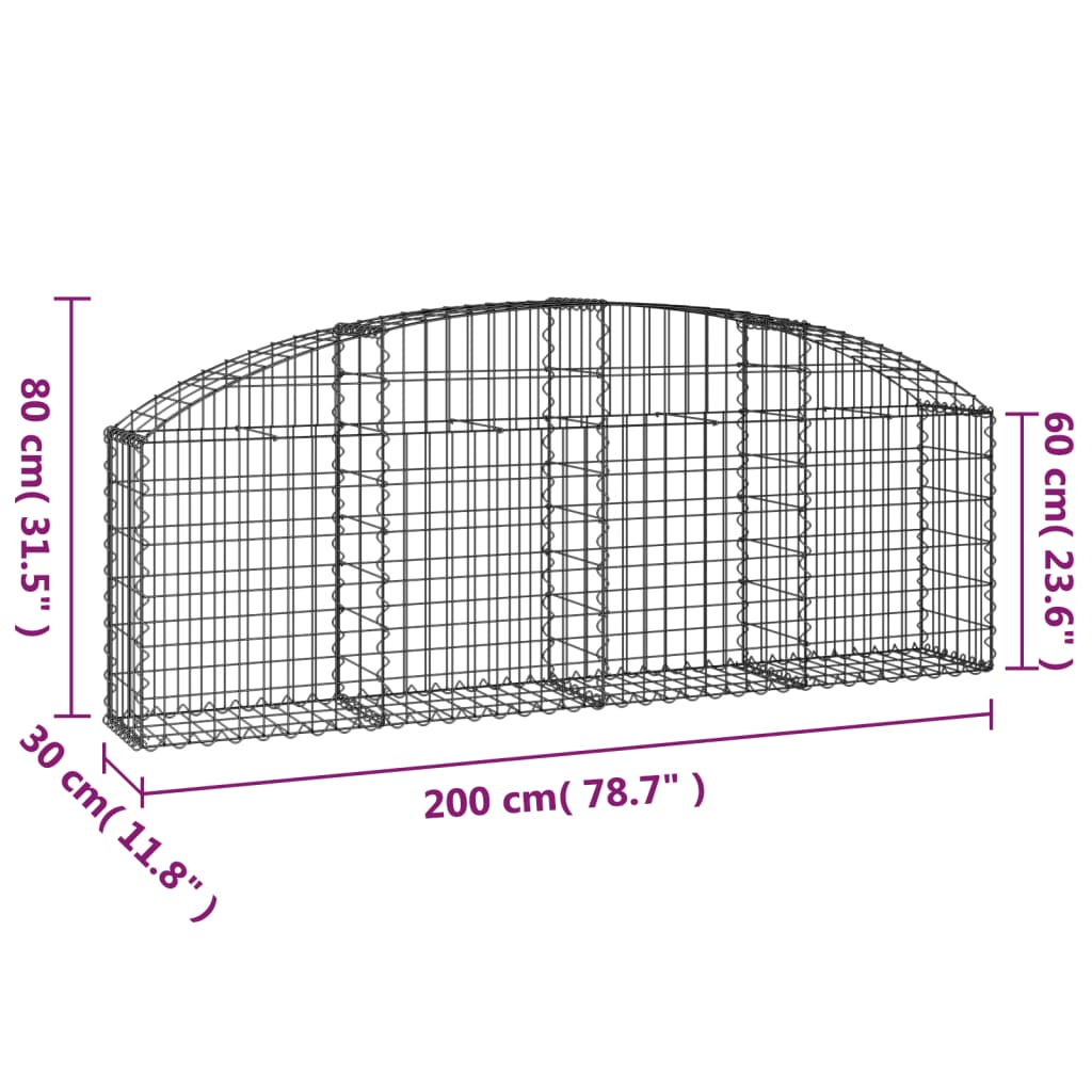 vidaXL Arched Gabion Basket 200x30x60/80 cm Galvanised Iron