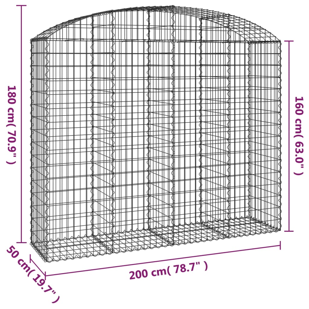 vidaXL Arched Gabion Basket 200x50x160/180 cm Galvanised Iron