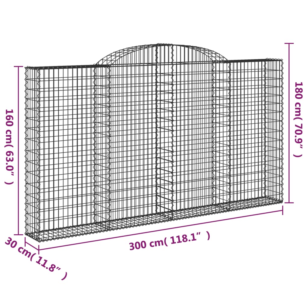vidaXL Arched Gabion Basket 300x30x160/180 cm Galvanised Iron