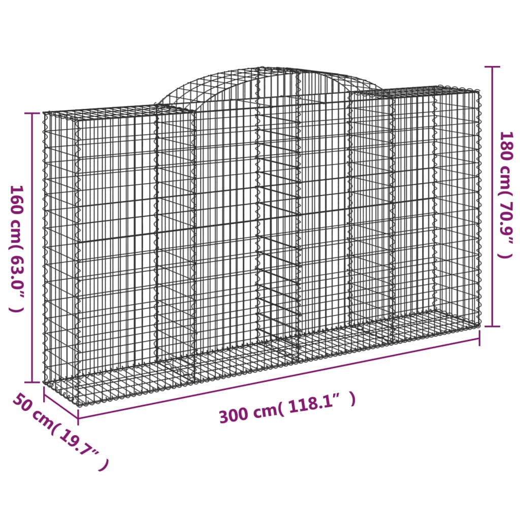 vidaXL Arched Gabion Basket 300x50x160/180 cm Galvanised Iron
