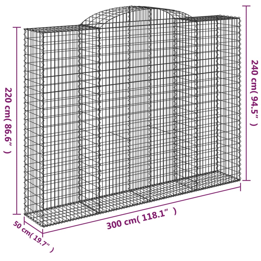 vidaXL Arched Gabion Basket 300x50x220/240 cm Galvanised Iron