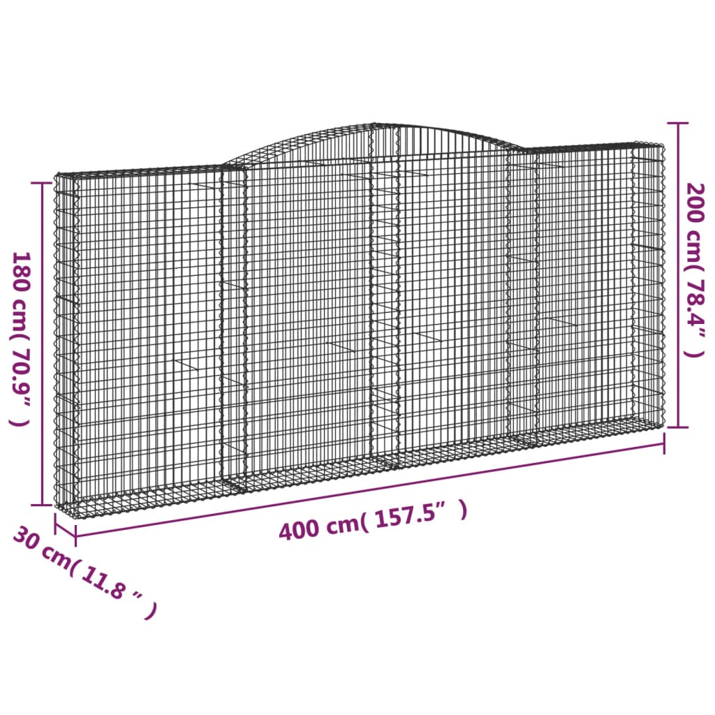 vidaXL Arched Gabion Basket 400x30x180/200 cm Galvanised Iron
