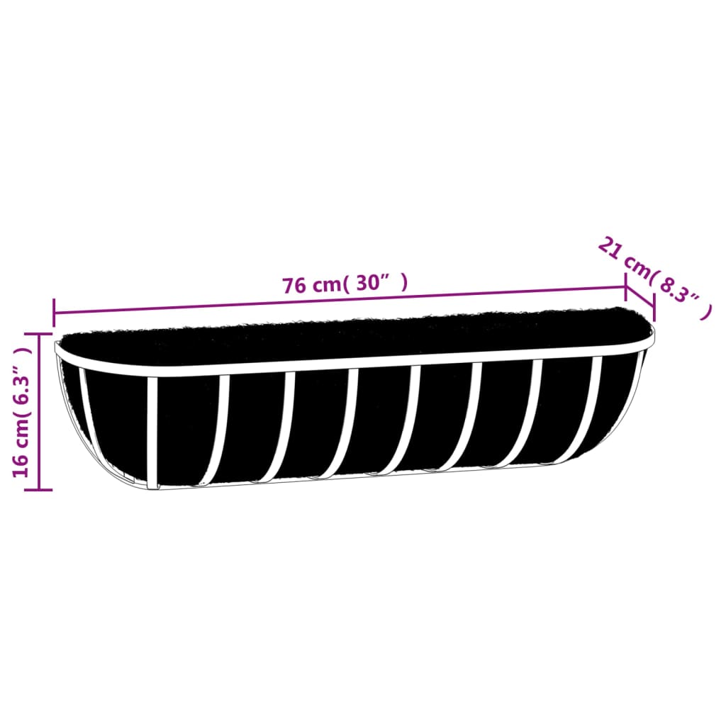 vidaXL Wall Troughs 2 pcs with Coco Liners Black 76x21x16 cm Steel