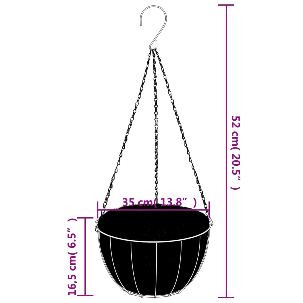 vidaXL Hanging Planters 4 pcs with Coco Liners Black Ø 35x52 cm Steel