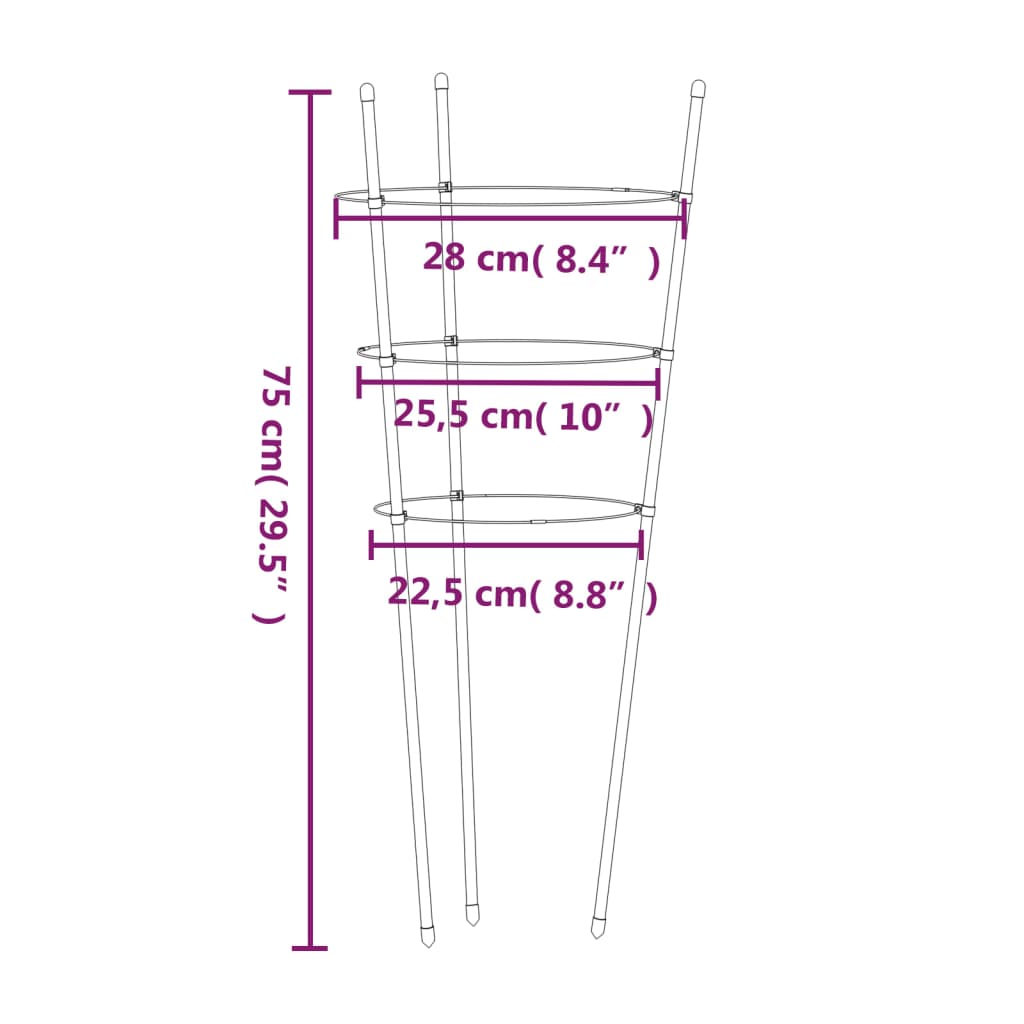vidaXL Garden Plant Supports with 3 Rings 5 pcs Green 75 cm Steel