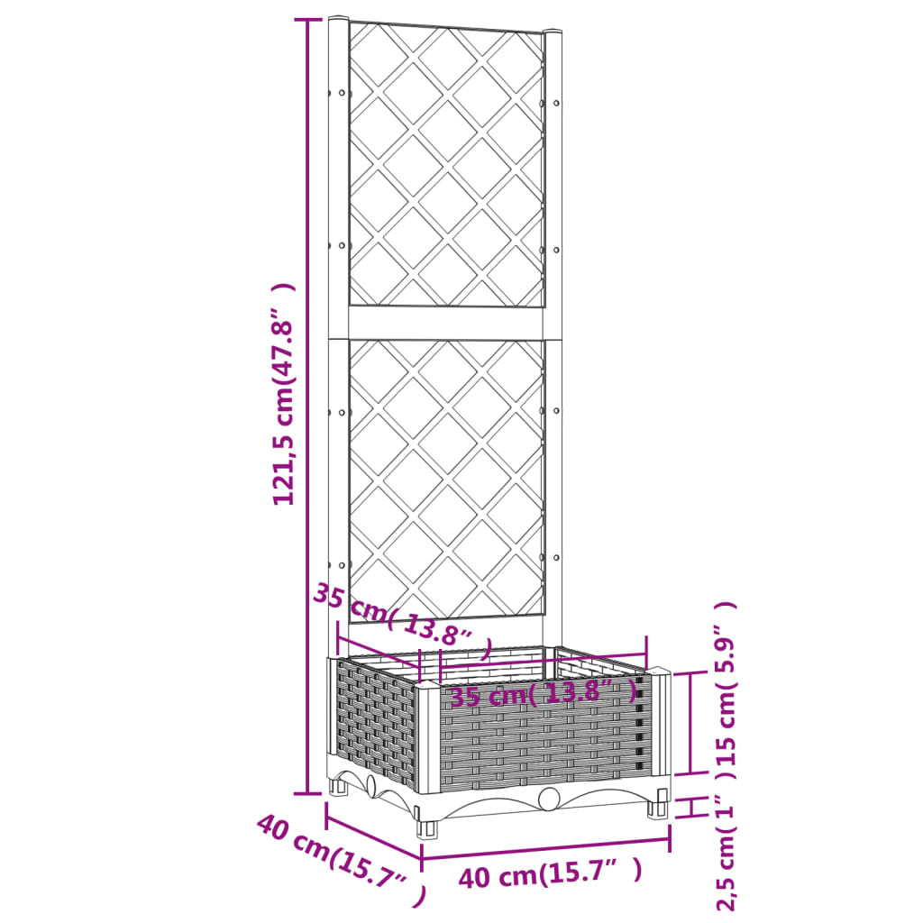 vidaXL Garden Planter with Trellis Light Grey 40x40x121.5 cm PP