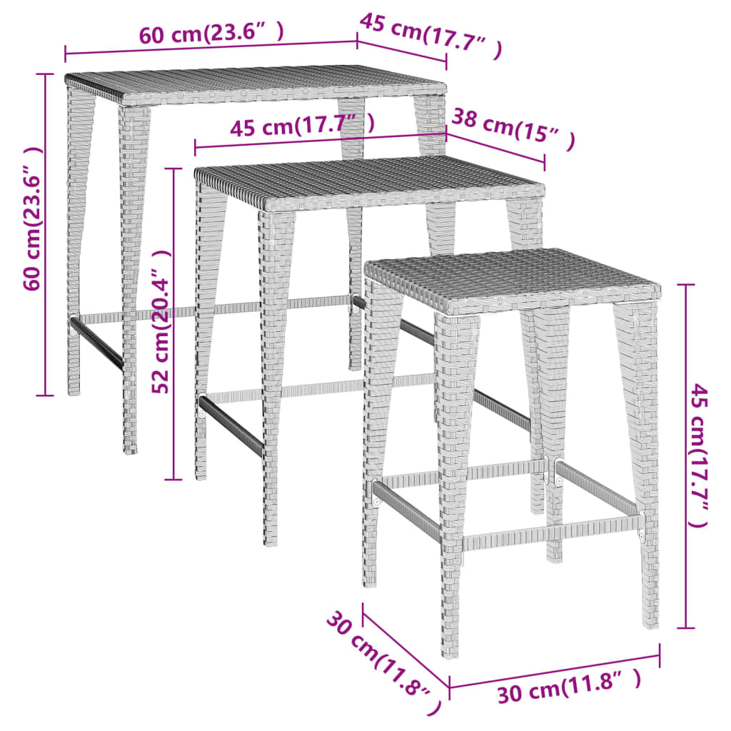 vidaXL Nesting Tables 3 pcs Brown Poly Rattan