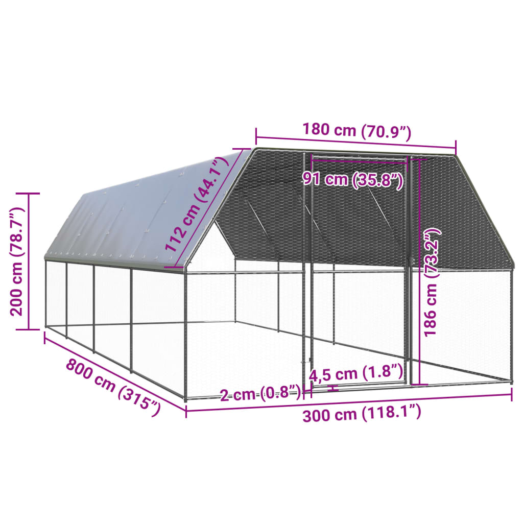 vidaXL Outdoor Chicken Cage 3x8x2 m Galvanised Steel