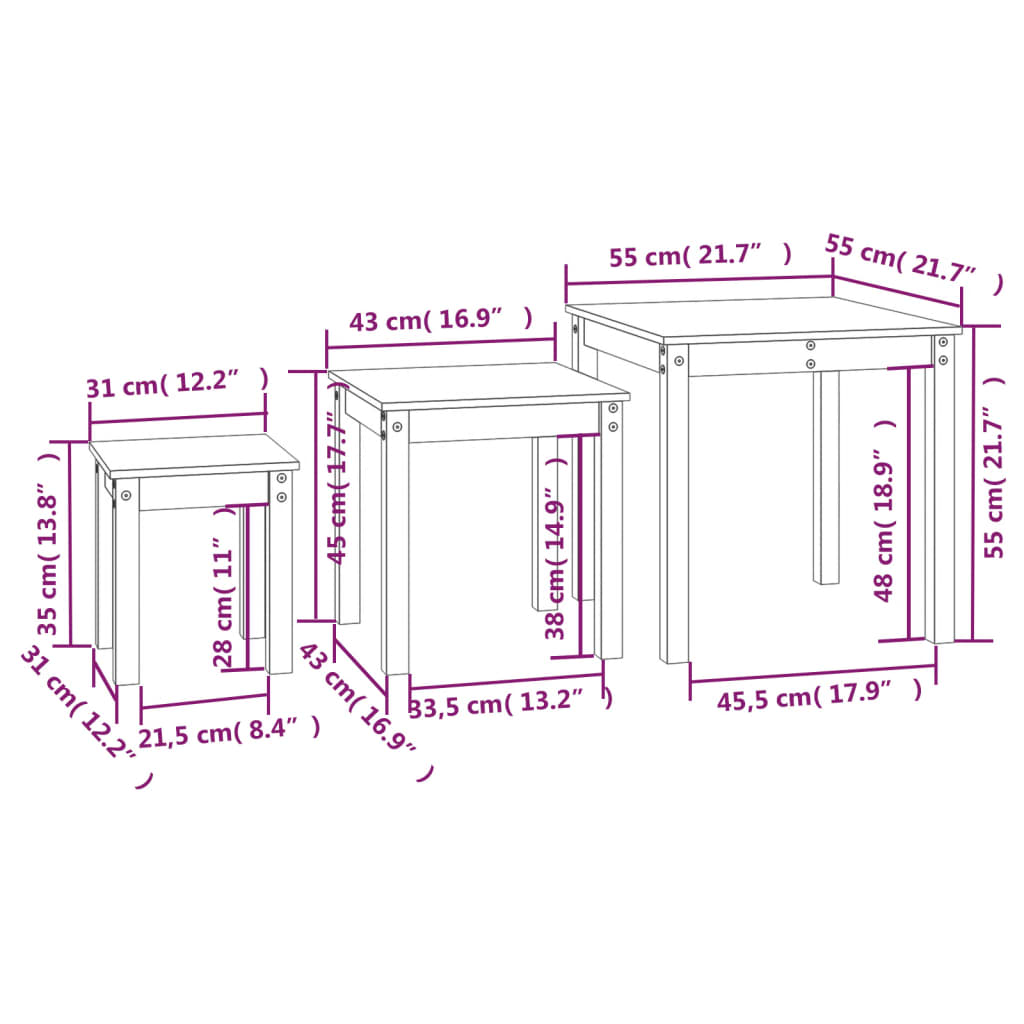 vidaXL Nesting Tables 3 pcs Honey Brown Solid Wood Pine