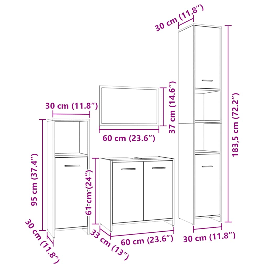 vidaXL 4 Piece Bathroom Furniture Set Grey Sonoma Engineered Wood